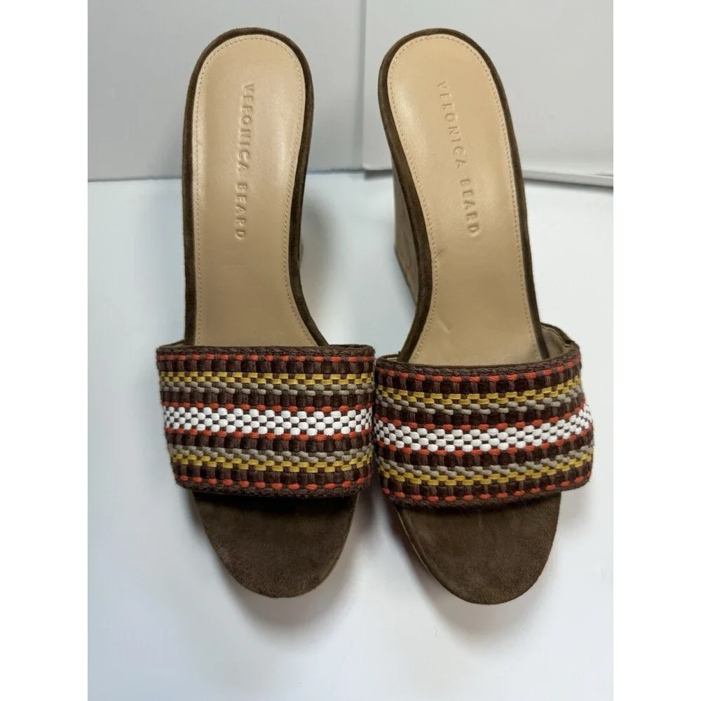 Veronica Beard Dali Raffia Wedge Sandals In Brown Multi Sz 9.5 New